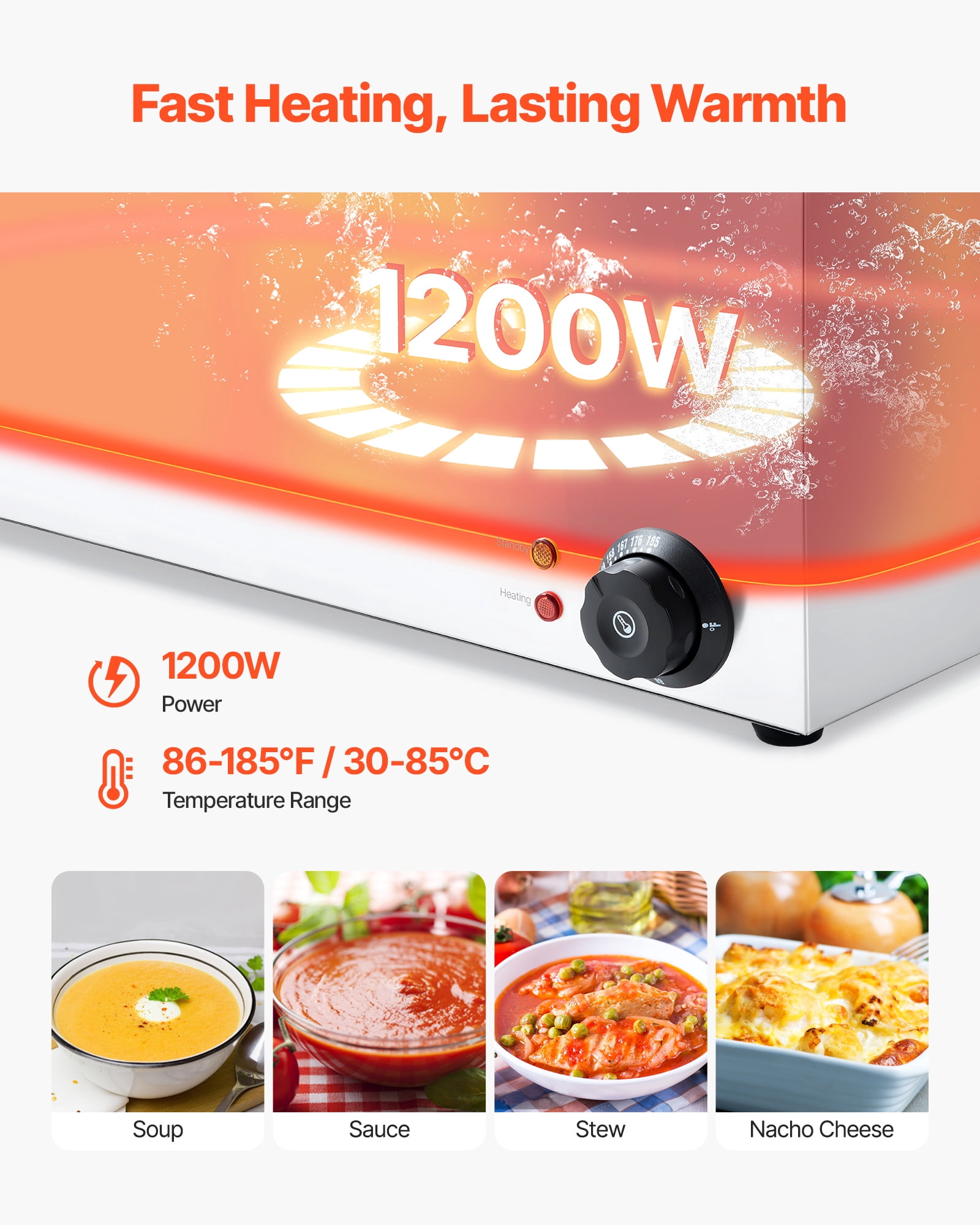 VEVOR 24QT Commercial Food Warmer, 4-Pan Electric Steam Table, 1200W Professional Countertop Stainless Steel Buffet Bain Marie with 86-185°F Temp Control for Catering, Buffet, Parties, Restaurants