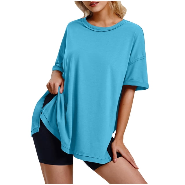 Diufon Women's Oversize Tops Spring Summer Short Sleeve Pullover Crewneck Shirts Casual Loose Slit Blouse