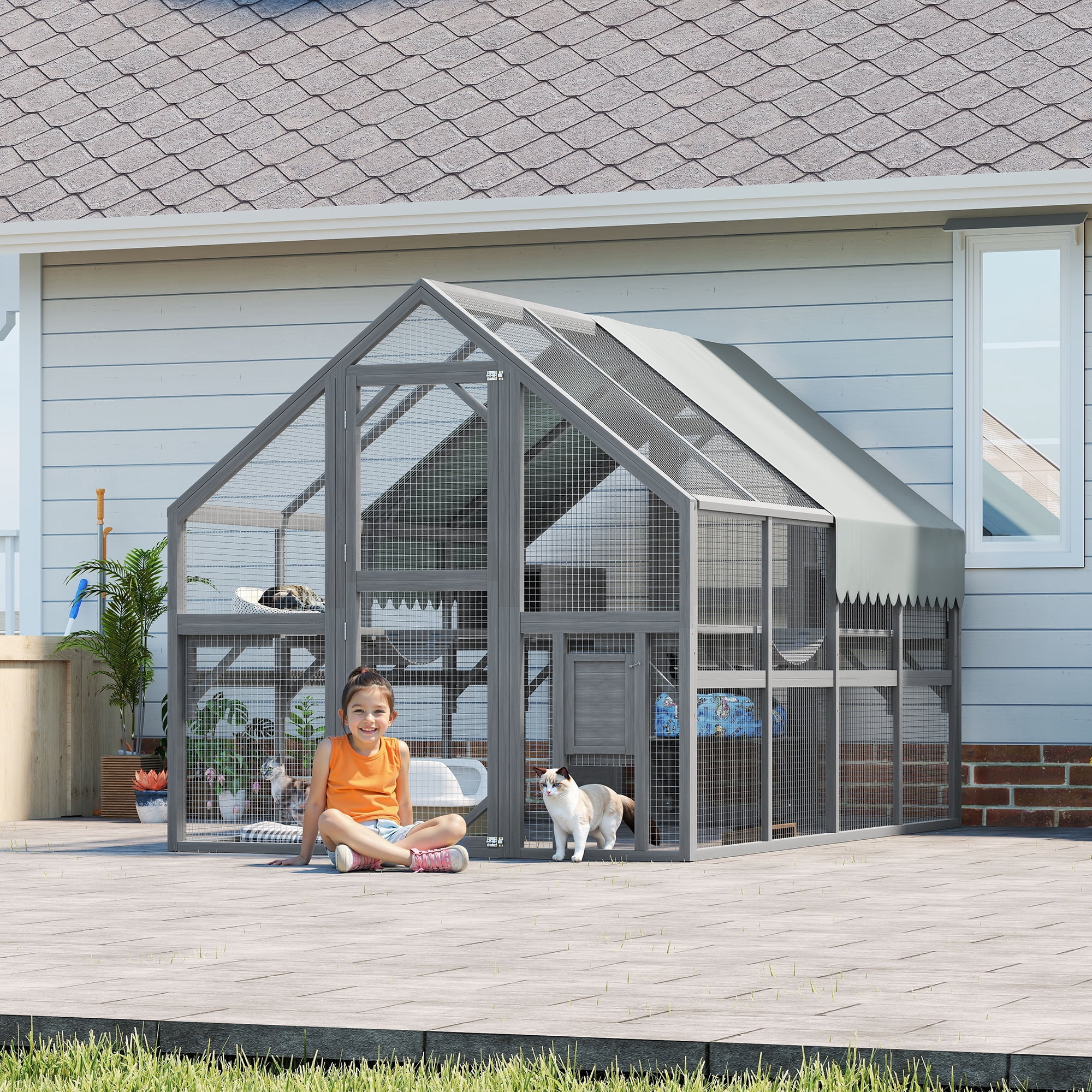 Large Outdoor Cat Enclosure for Multiple Cats with 7 Platforms, 2 Resting Boxes and 2 Bridges, Wooden Feral Cats Shelter with Waterproof and UV Proof Canopy, 110.24x 74.02 x 74.02 inch