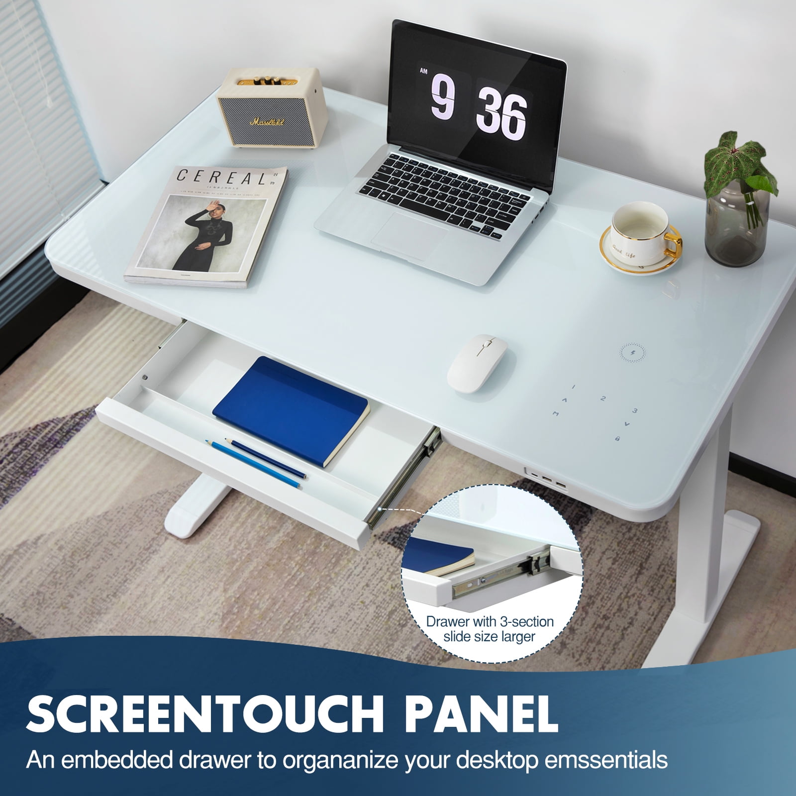 Buy AIMEZO Ergonomic Height Adjustable Glass Standing Desks with Drawer