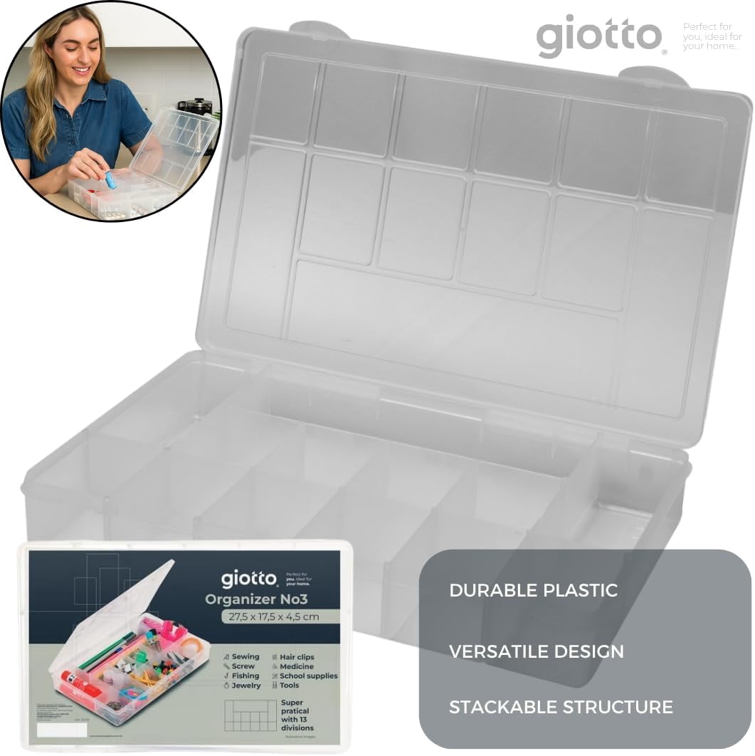MHSIOAP-Giotto Tackle Box Organizer with 13 Compartments – Clear Plastic Storage Box with Dividers for Fishing Lures 11.0 x 7.1 x 2.4 for Drawer Desk,Crafts Accessories Beads Screws Small Parts Organ