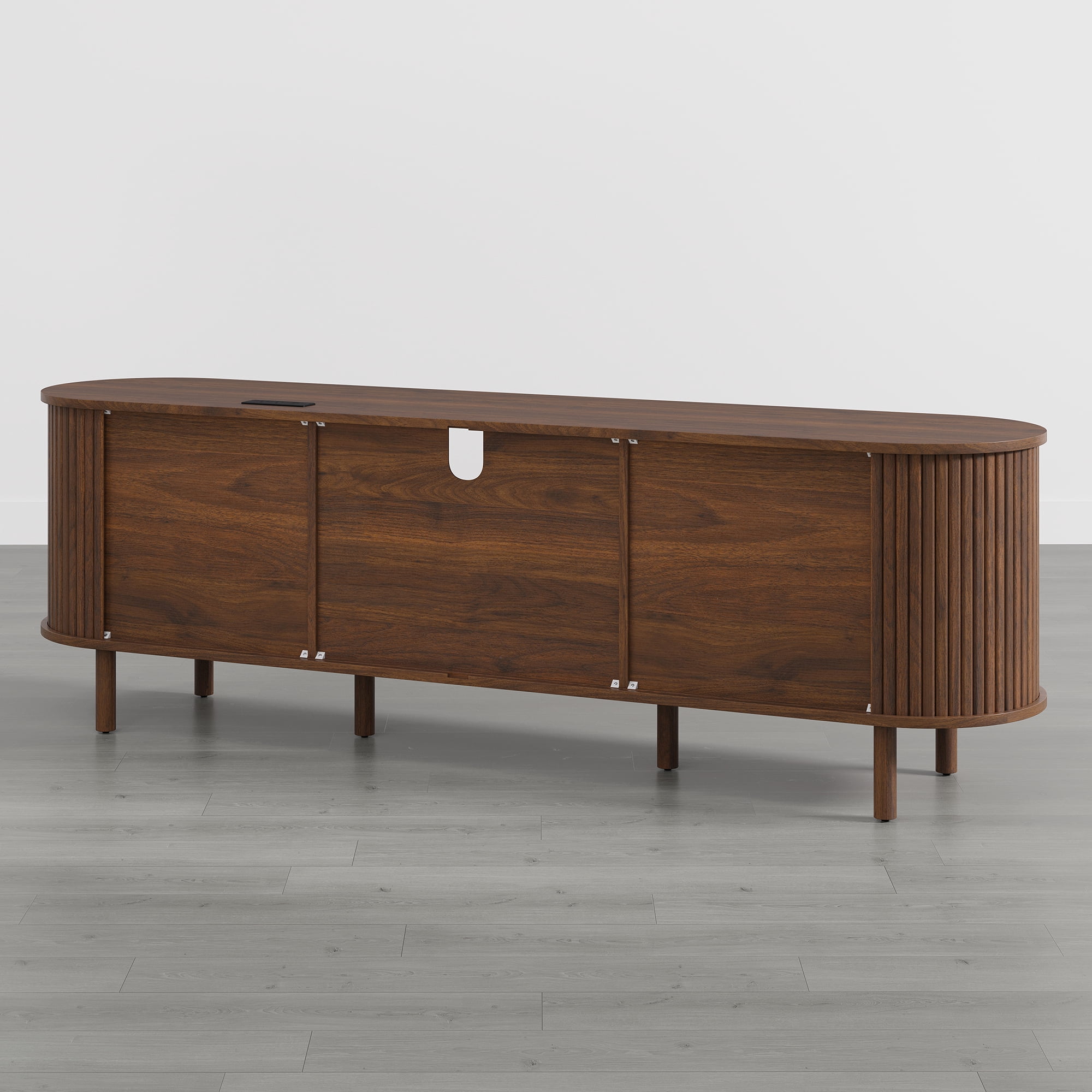 Spruce & Spring Tambour TV Stand with Power Outlet, Mid-Century Modern Entertainment Center, Rattan Drawer & Fluted Sliding Doors, Solid Wood Legs & Cable Management, Walnut, for TVs up to 80 Inch