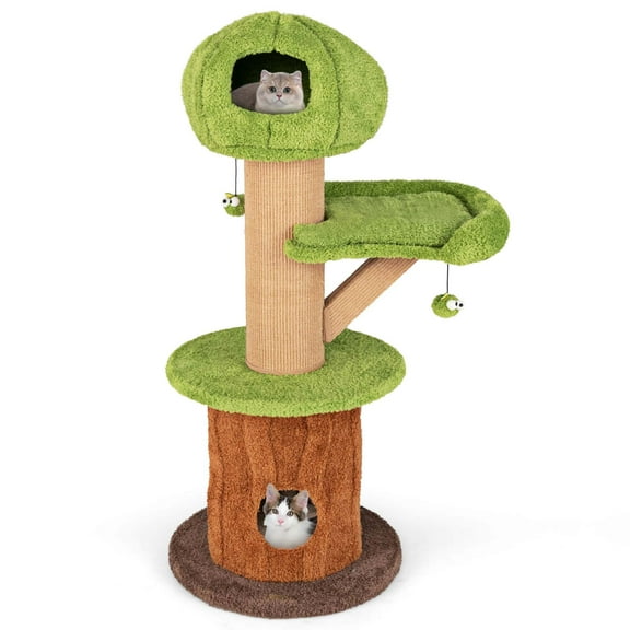 Costway 58" Mushroom Cat Tree for Indoor Cats with 2 Cute Condos Plush Perch Teasing Balls