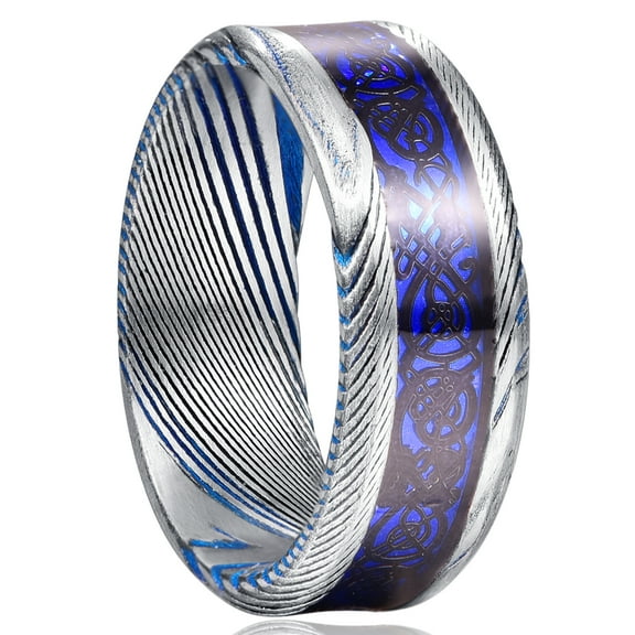 8mm Damascus Pattern Tungsten Carbide Ring with Black Celtic Dragon for Unisex Size 7-12