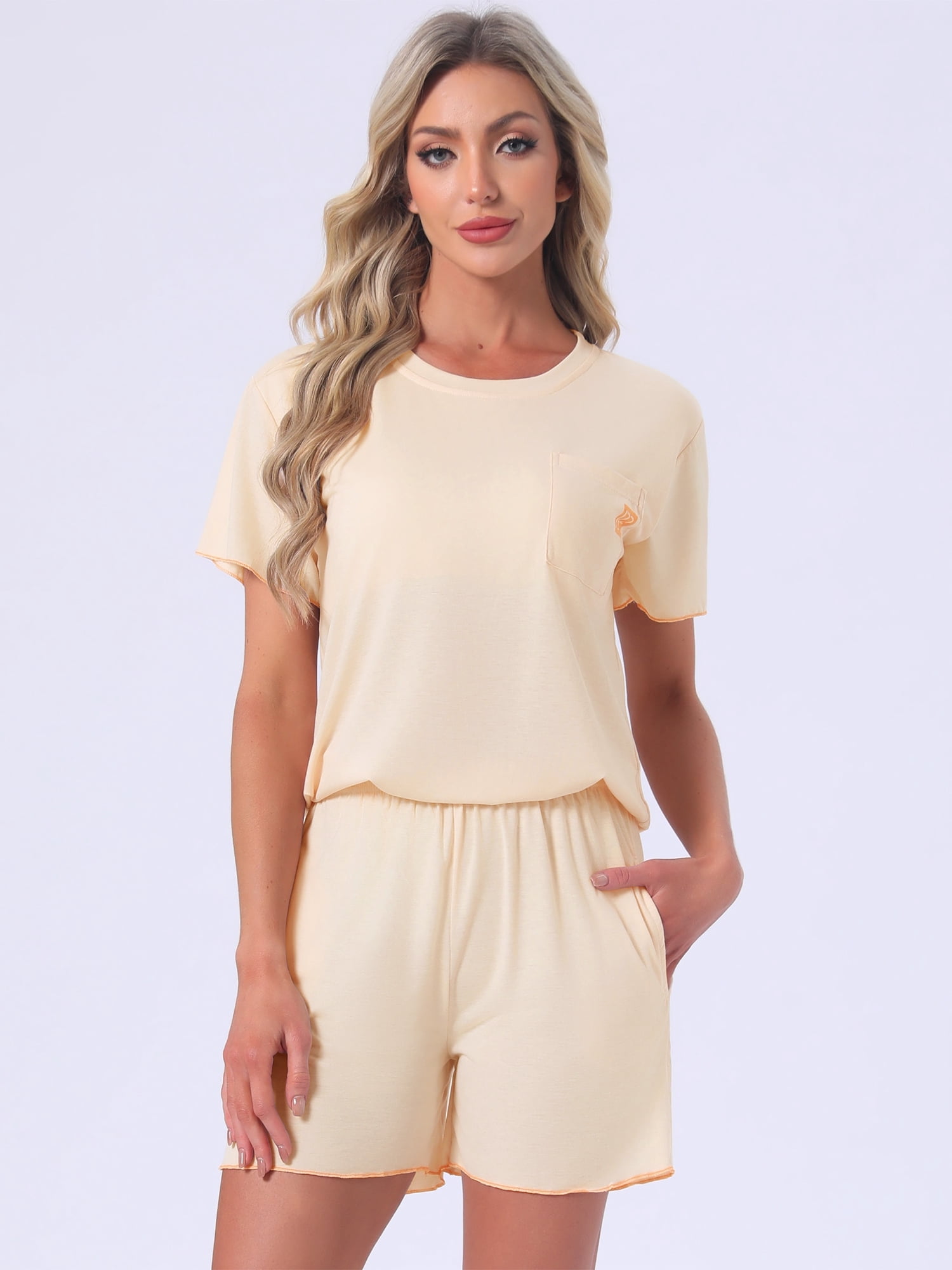 DARING DIVA Women's Pajama Set with Built-in Bra and Shorts Comfy Lounge Set XL Beige