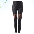 thumbnail image 3 of Leggings de empalme de encaje de imitación de cuero para mujer, pantalones de cintura alta, pantalones ajustados para mujer (negro, talla XL), 3 of 7
