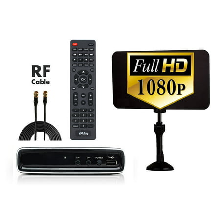 Digital Converter Box + Flat Antenna + RF Cord for Recording & Watching Full HD Digital Channels for FREE (Instant & Scheduled Recording, DVR, 1080P, HDMI Output, 7 Day Program Guide & LCD