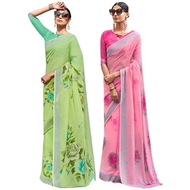 Pack of Two Saree for Women Printed Cotton Silk Indian Wedding Sarees | Diwali Gift Ethnic Sari Combo