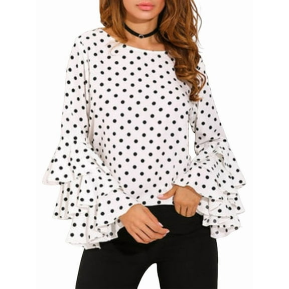 Women'S Polka Dot Bell Sleeve Top Plus Size Folded Sleeve Chiffon Shirt Tops White XXXL