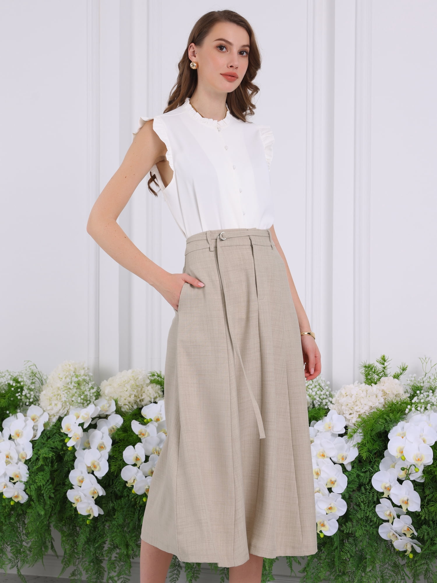 DARING DIVA Women's A Line Elastic High Waist Maxi Skirts M Beige