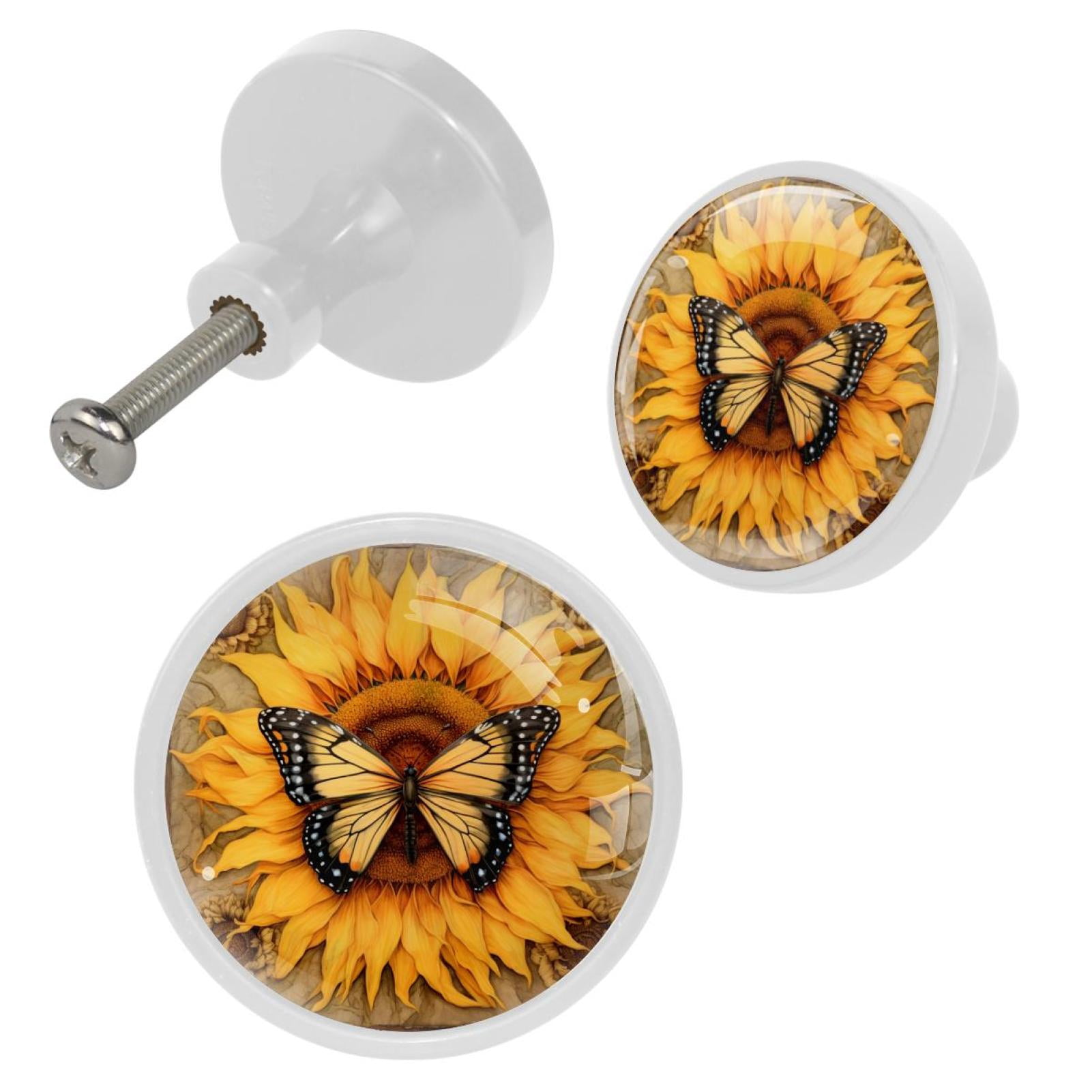HemaKayy 4 Pack 1.3" Decorative Cabinet Knobs - Add Elegance to Your Handles and Pulls for Home, Kitchen, Bedroom, Furniture Decor - Unique and Exquisite Design - Sunflower and Yellow Butterfly