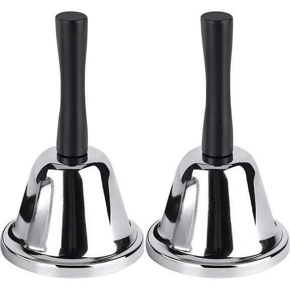 Loud Hand Bell, 2 Pack Silver Steel Hand Bells for Adults, Dinner Bells for Inside Classroom Bell, for Food Line, Alarm, Jingles, Ringing
