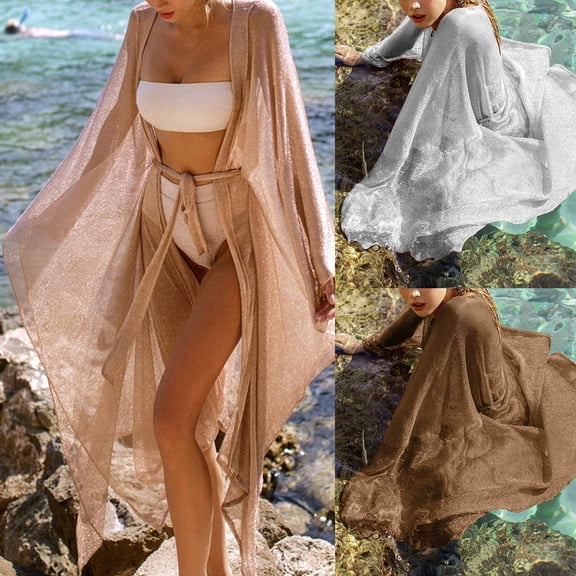 Long Sleeve Sun Protection Swimsuit Cardigan Belt Shine Mesh Sexy Bikini Cover Up for Beach