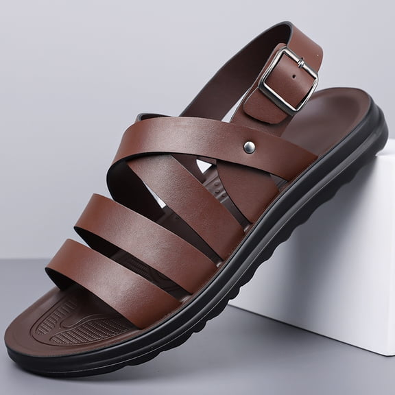 Men's Brown Cross-Strap Leather Sandals with Adjustable Buckle & Thick Sole