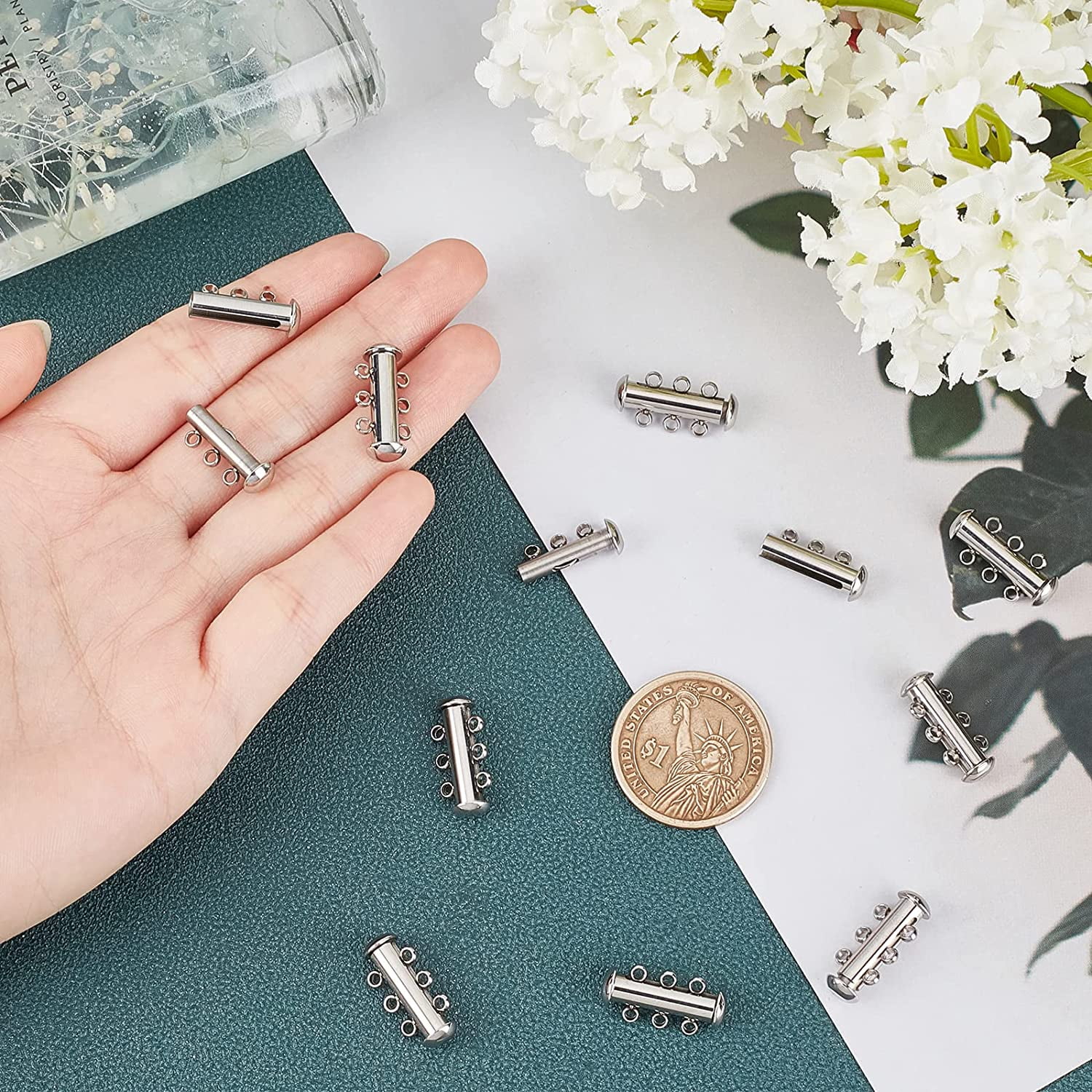 ABPETE Pro-Grade Slide Clasp Set,10-Pack 3-Strand Anti-Tangle Tube Locks for Layered Bracelets & Necklaces,304 SS Magnetic Connectors (20mm)