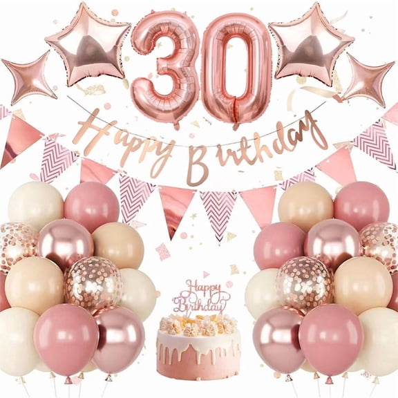 30th Birthday Decorations for Her, Retro Pink Number 30 Balloons with Happy Banner, Rose Gold Stars, Topper for Women Party Decor