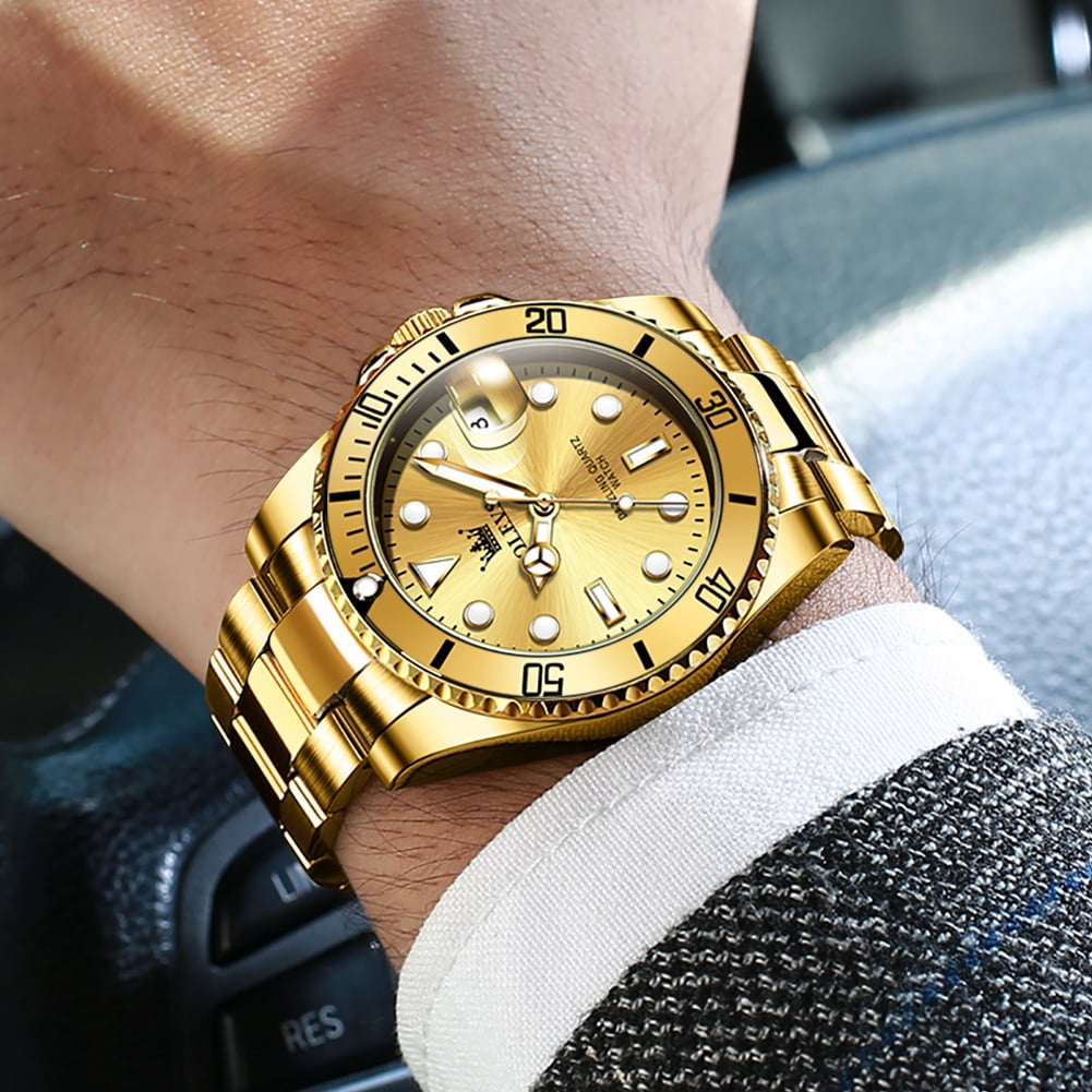 OLEVS Watches for Men Business Dress Luxury Casual Analog Quartz Stainless Steel Waterproof Luminous Date Men Wrist Watches reloj para hombre Gold Dial