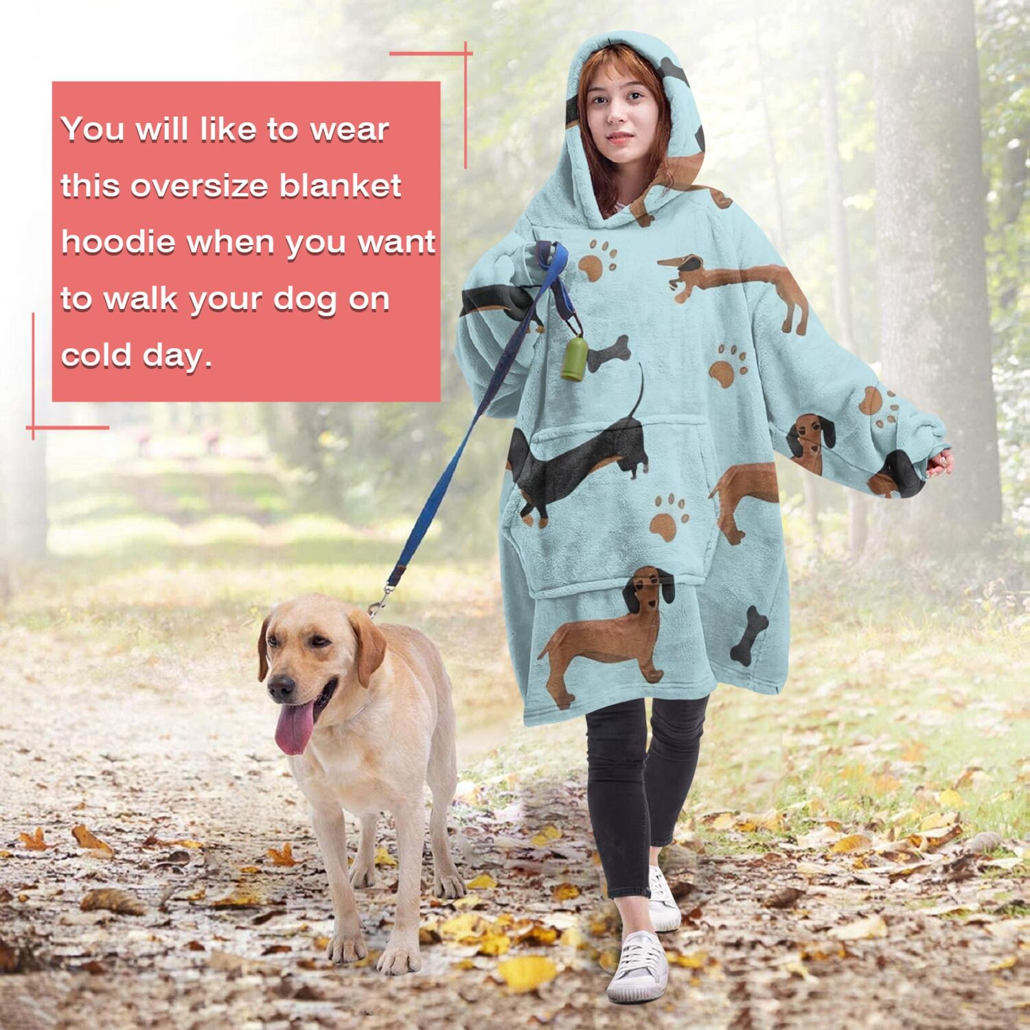 Wearable Oversized Blanket,Dachshund Footprint Bone Wearable Blanket Hoodie for Adults,Cozy Hooded Blankets with Super Pockets,Super Warm Fuzzy Pullover for Women & Men
