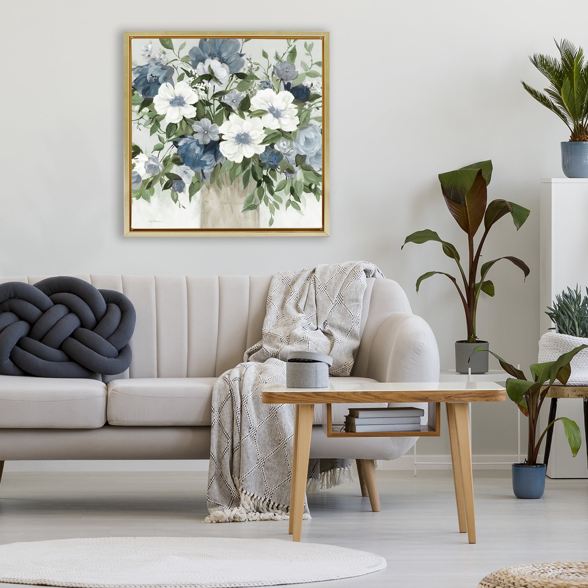 Stupell Industries White & Grey Blossoms Gold Framed Floater Canvas Wall Art, design by Carol Robinson