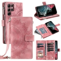 Feishell Zipper Wallet Case for Samsung Galaxy S24 Ultra,for Women Men,Stylish Embossed Pattern PU Leather Multi Card Slots Magnetic Clasp Flip Holder Crossbody Phone Case with Shoulder Strap,Pink