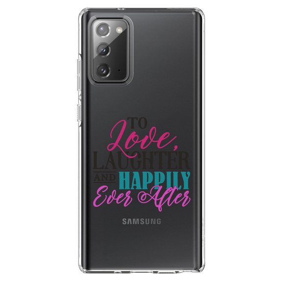 DistinctInk Clear Shockproof Hybrid Case for Samsung Galaxy Note 20 (6.7" Screen) - TPU Bumper Acrylic Back Tempered Glass Screen Protector - Love Laughter & Happily Ever After