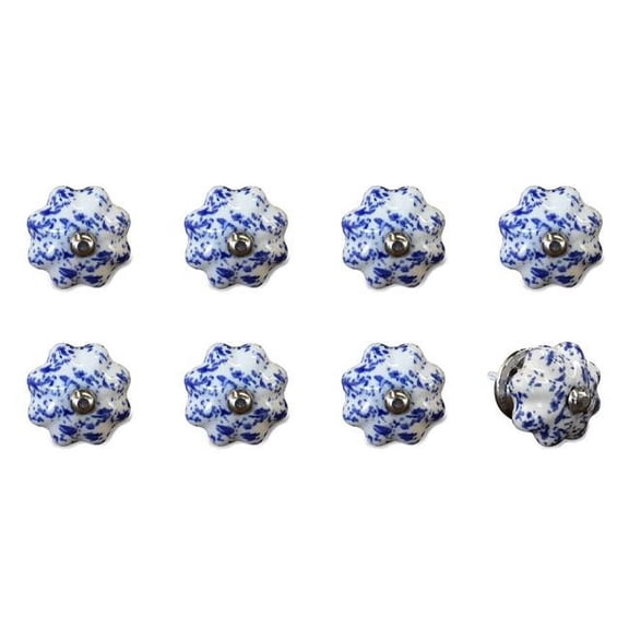 HomeRoots 544447 Blue & White Ceramic & Metal Drawer Pull Knobs - Set of 8