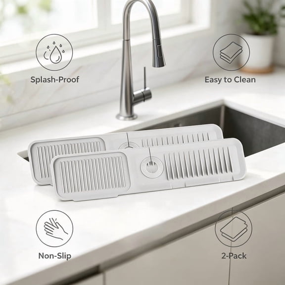 Truelife 2-Pack Silicone Faucet Mat for Kitchen Sink, 24" x 5.5" Splash Guard with Raised Stripes, Drip Catcher Tray, Non-Slip Soap and Sponge Organizer, Gray