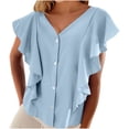 thumbnail image 1 of Yanlir Women's Solid Color Casual Fashion Ruffle Sleeve V-Neck Short Sleeve Tops Work Trendy 2025 Loose Fits Basic(Light Blue,L), 1 of 5