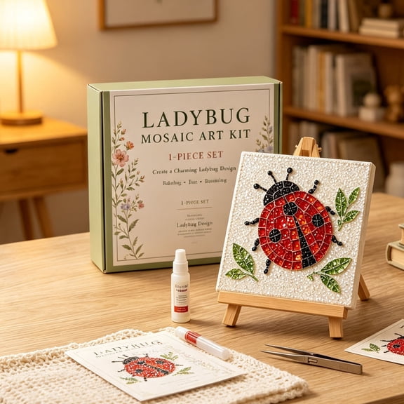 Ladybug Garden Mosaic Art DIY Kit for Adult Beginners,3.5in Handmade With Wooden Display Easel,Nature Insect Themed Tabletop Art Decor Kit,Creative Handcraft Holiday Gift
