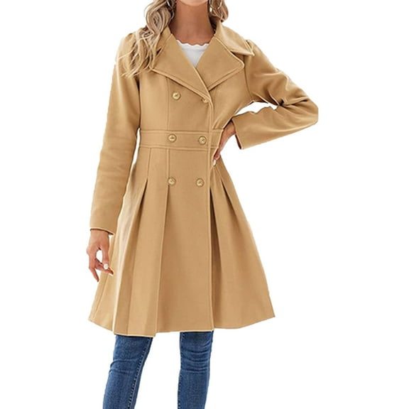 Felirenzacia Women’s Double-Breasted Wool Blend Long Coat with Lapel Collar, Mid-Length Camel Overcoat for Fall Winter