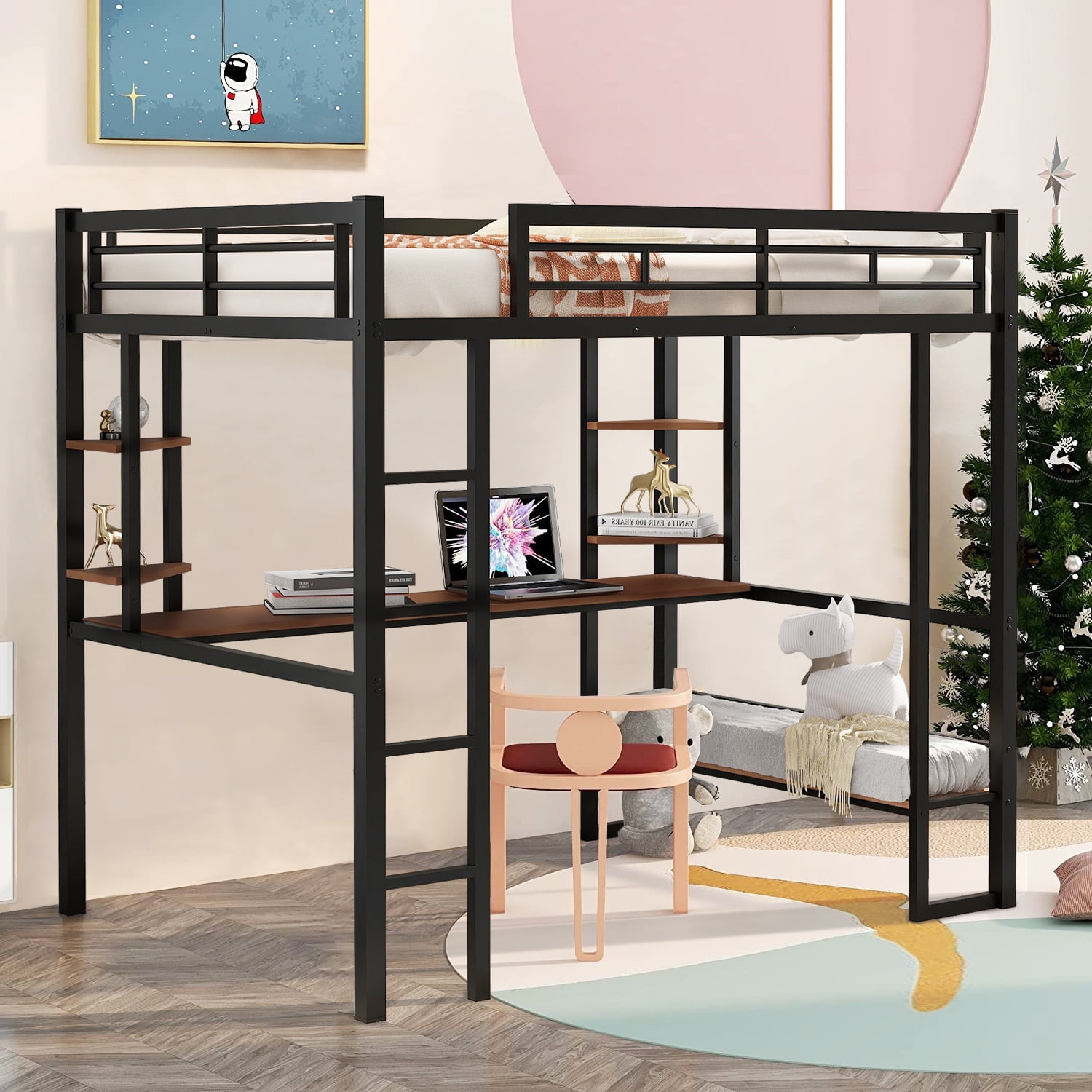 Full Loft Bed, New Upgraded Metal Bunk Bed with Long Desk & Shelves