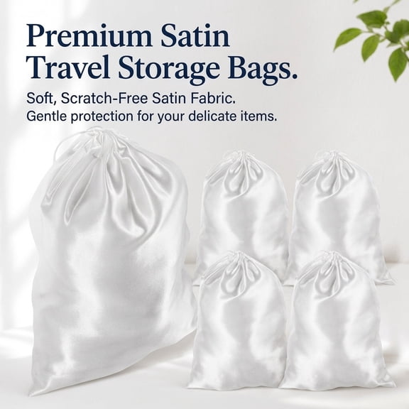 MERRYHAPY 5Pcs White Satin Handbag Storage Bags Drawstring Closure for Travel