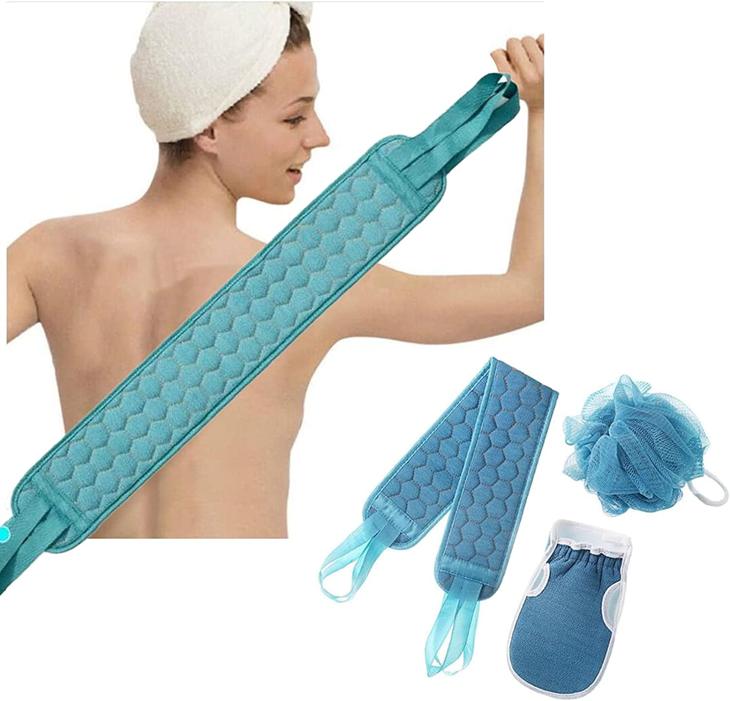 TRIANU Exfoliating Body Scrubber Set with Back Scrubber, Bath Glove and