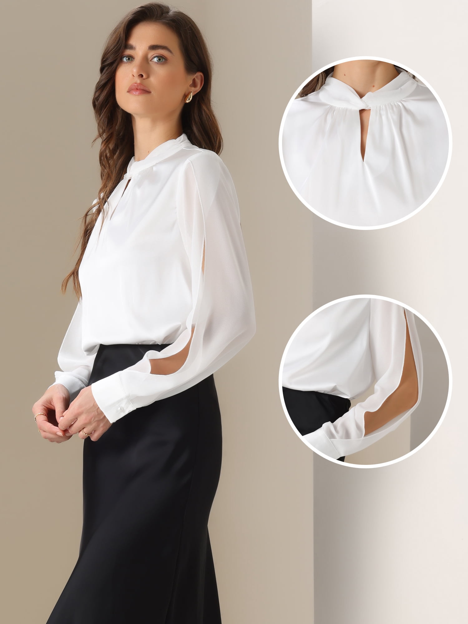 DARING DIVA Women's Slit Long Sleeve Twist Mock Neck Satin Blouse M White