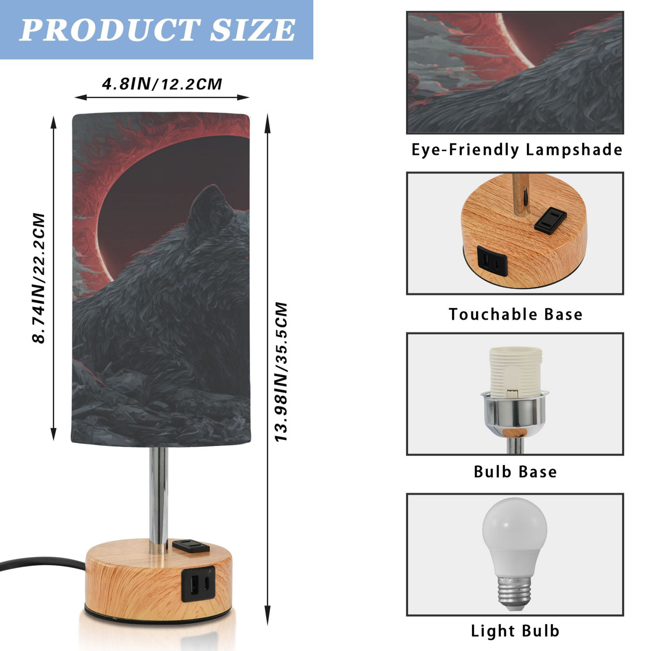 Touch-Control 3-Color Desk Lamp with Plug – Energy-Saving LED + 3 Simultaneous Charging Ports Red Sun Lone Wolf