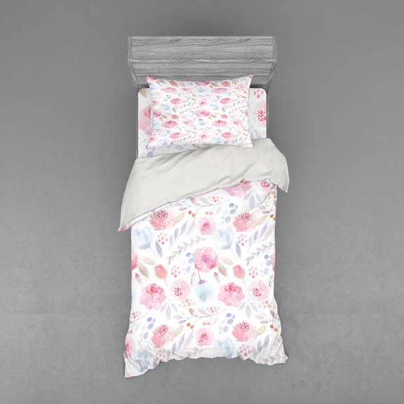 Ambesonne Watercolor Bedding Set 3 Pcs, Delicate Spring Buds, Twin, Pale Blue Pale Pink