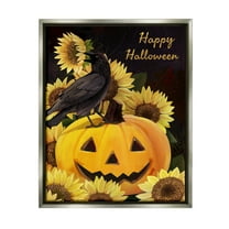 Stupell Industries Crow on Jack-o-Lantern Holiday Painting Gray Floater Framed Art Print Wall Art, 17 x 21