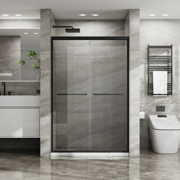 Leumius Double Sliding Glass Shower Door 48 in. W x 72 in. H,Aluminum Framed Shower Enclosure with SGCC Clear Tempered Glass, Stainless Steel Hardware, Matte Black