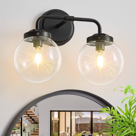 Deyidn 2-Light Black Bathroom Vanity Light with Clear Globe Glass Shade Modern Bathroom Wall E12 Bulb