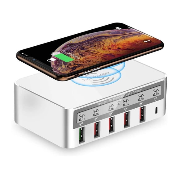 USB Fast Charger, Multi-Port 100W-6 Port USB Fast Charging Station with Quick Charge 3.0 QC 3.0 and PD Speed Charger,with 10W Max Wireless Charging