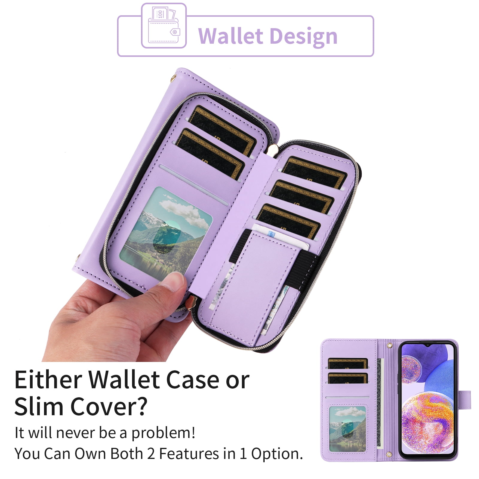 Furiet Argyle Wallet Case for Samsung Galaxy A23 5G/4G with Detachable Wrist/Crossbody Shoulder Strap, Card Slots Zipper Purse, Luxury PU Leather Stand Phone Cover for A 23 23A 6.6 Women Girls Purple