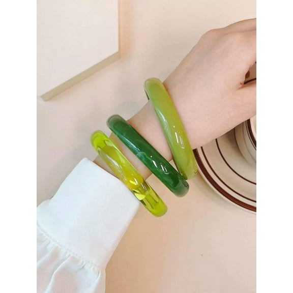 EOEMY 3Pcs Solid Green Bangle Bracelet Statement Bracelet Exaggerated Jewelry-Default