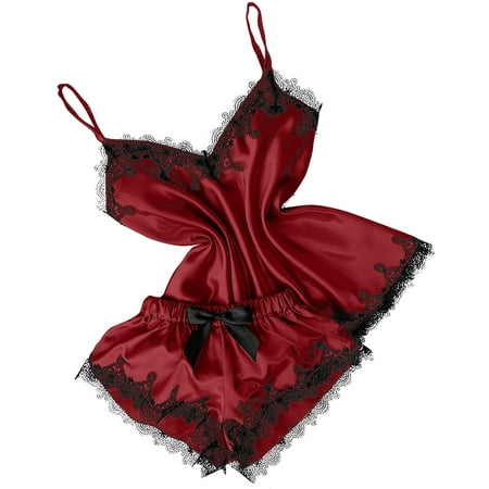 

Knosfe Women Bow Sleepwear Pj Sets Loungewear Two-piece Cami Shorts Set Pjs Eyelash Floral Satin Pajamas Set XXL