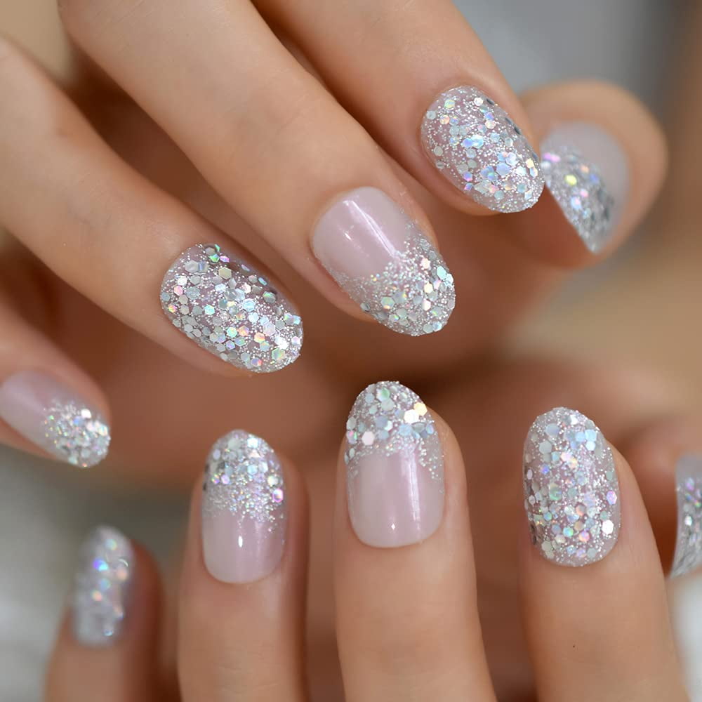 Light Pink Purple Bling Silver Glitter Press On False Nails Medium Oval Fake Nails Nude Pink Artificial Nail Art Tips for Daily Wedding Finger Wear - Light Pink Purple Bling Silver Glitter Press On False Nails Medium Oval Fake Nails Nude Pink Artificial Nail Art Tips for Daily Wedding Finger Wear -