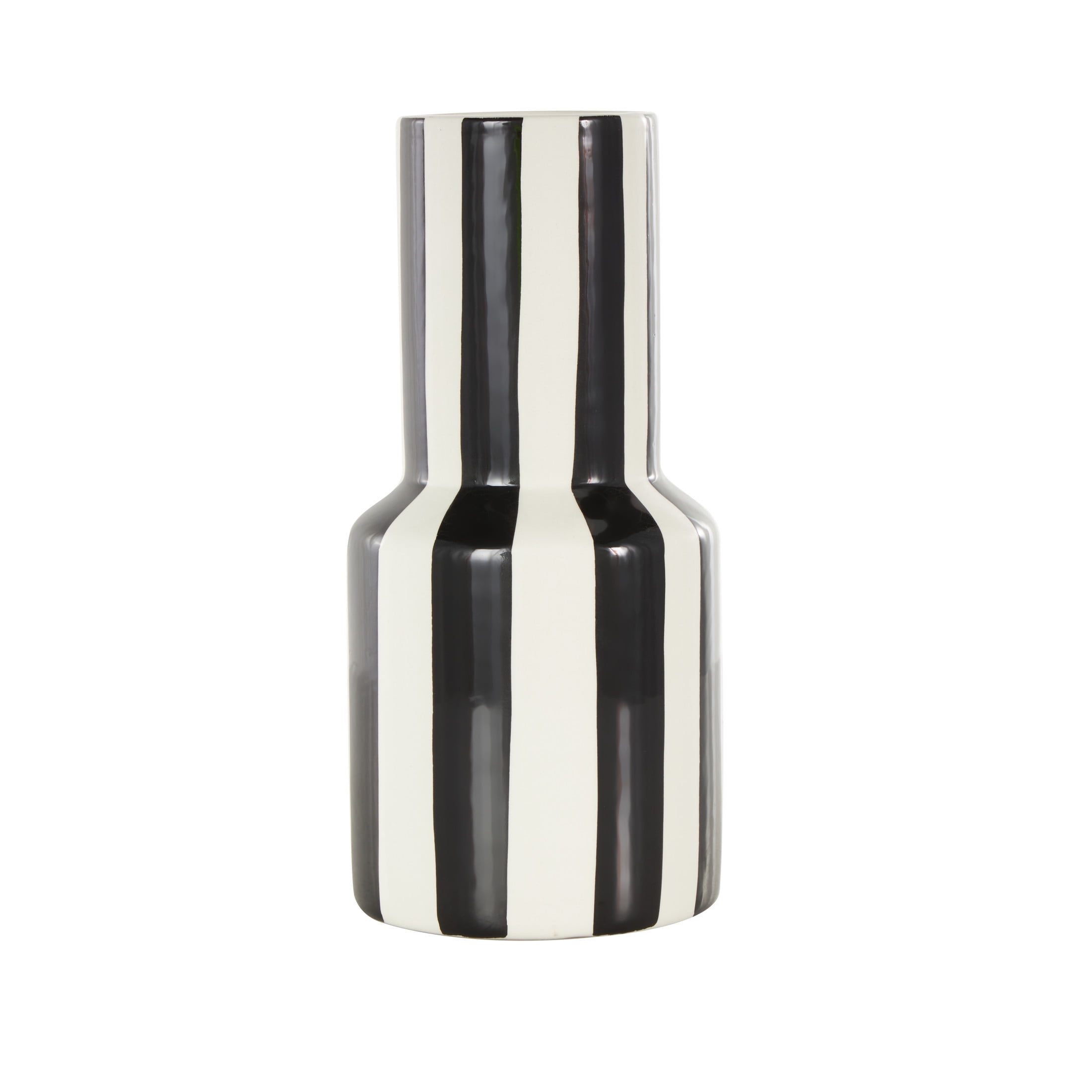DecMode 11" Round Black Ceramic Vase with White Vertical Stripes