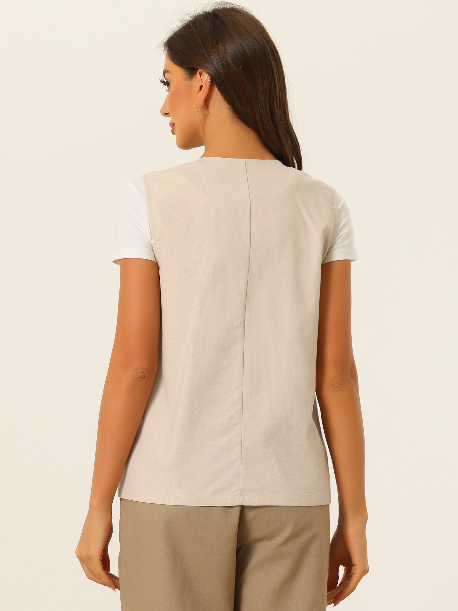 DARING DIVA Women's Button Down Vest Linen V Neck Summer Waistcoat S Khaki