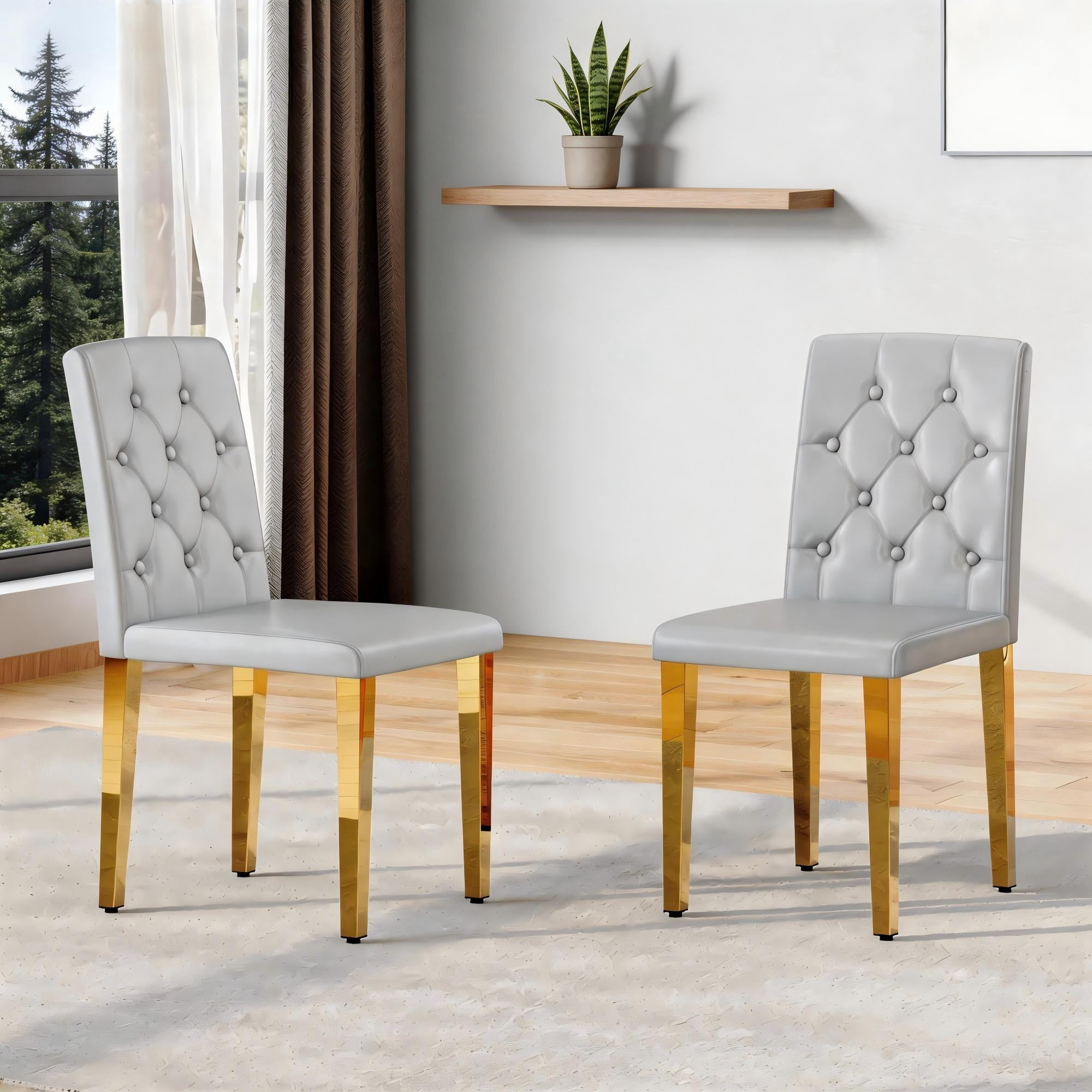 TesNus Dining Chairs Set of 2, 35" Height Light Gray PU Leather Tufted Back Upholstered Chairs with Gold Metal Legs for Dining Room Kitchen