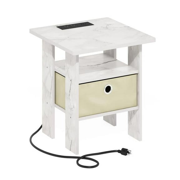12.56 in. Andrey USB & Type-C Port Charging Station End Table with Storage Bin, Marble White & Ivory