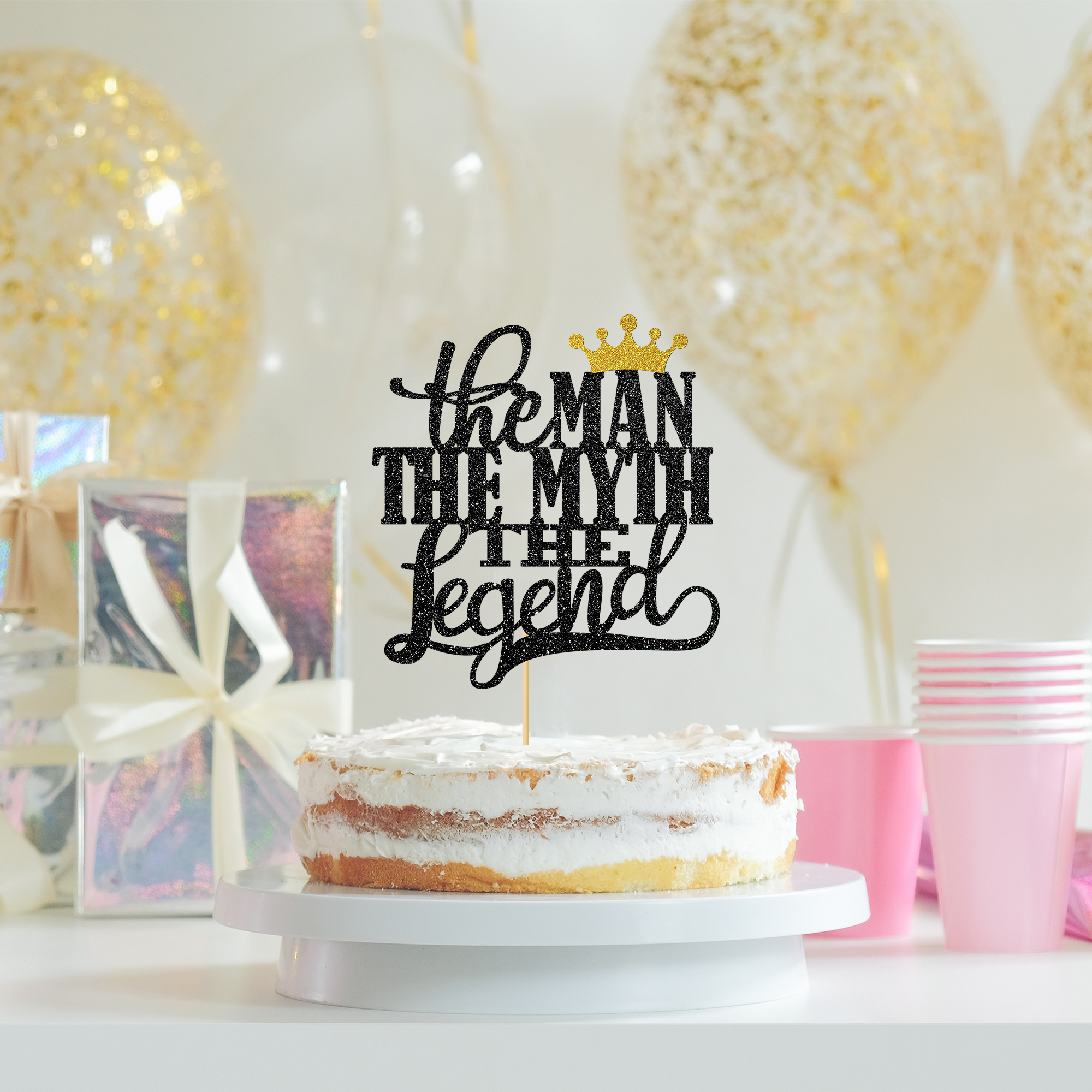 Cupcake-Topper 'The Man The Myth The Legend' – 24 Stück, Schwarz-Gold Glitzer | Für Vatertag & Geburtstag