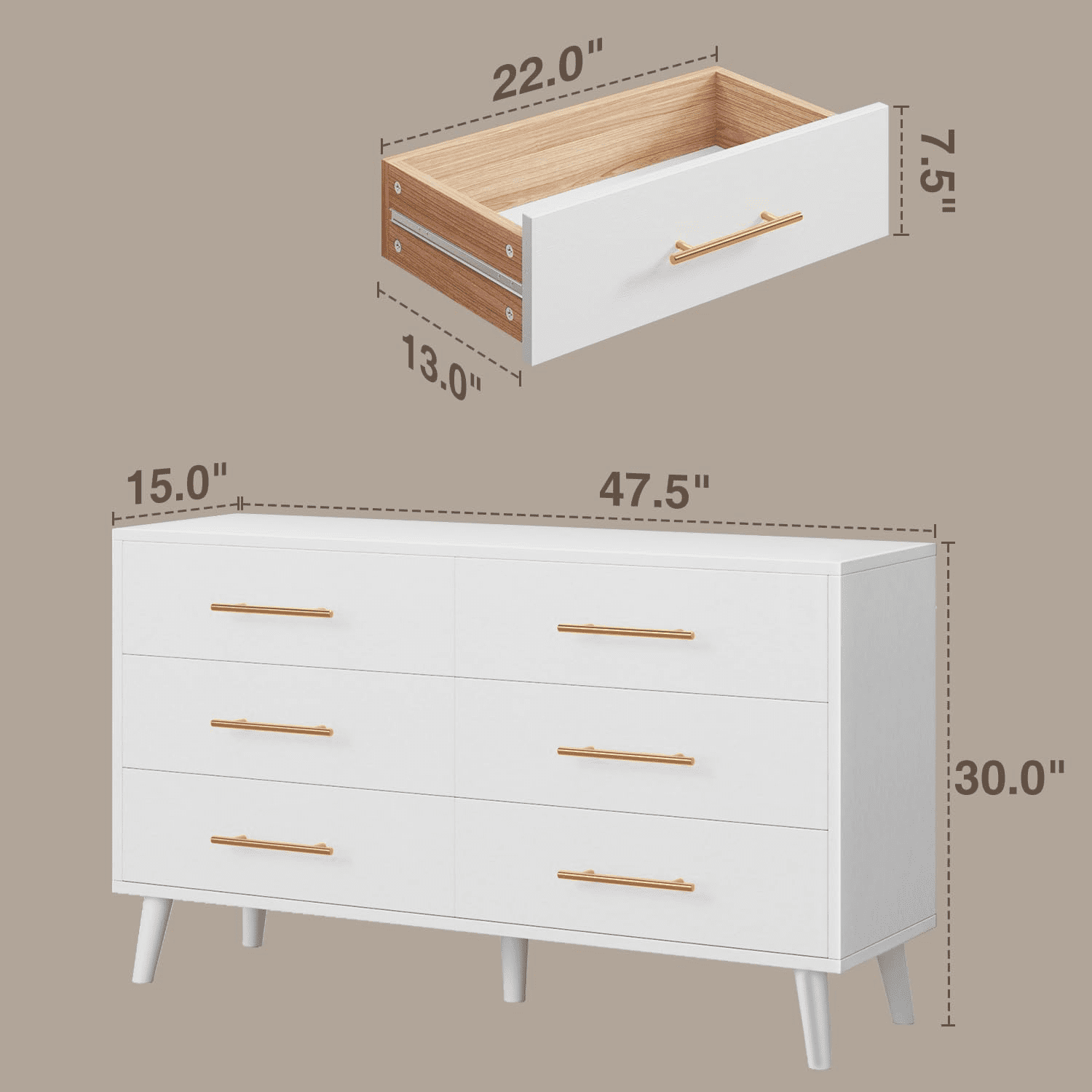 Noelse 6 Drawer Dresser with Metal Handles, Modern White Dresser Storage Cabinet for Bedroom Home